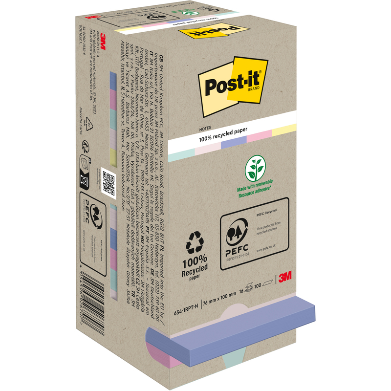 Post-it Haftnotizen Recycling, pastell Rainbow, 76 x 76 mm, 16 x 100 Blatt