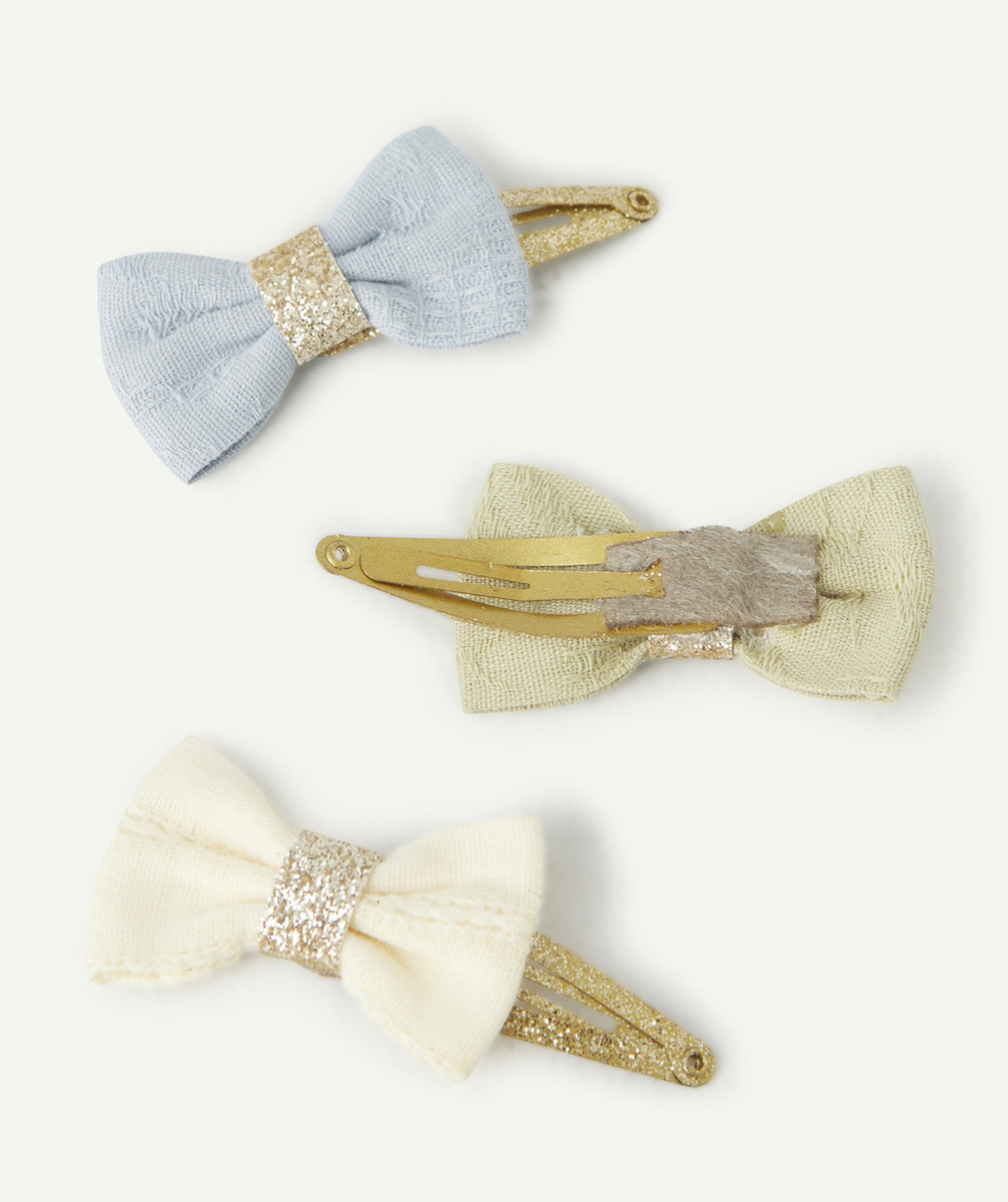LOT DE 3 BARRETTES BÉBÉ FILLE AVEC NOEUDS BLEU BLANC ET VERT