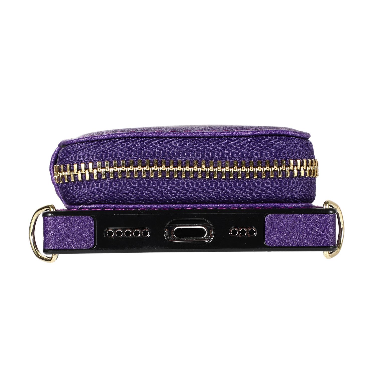 iPhone 13 Pro Necklace Leder Schutz Hülle mit Kartenfächer   Handykette (140cm) - Violett