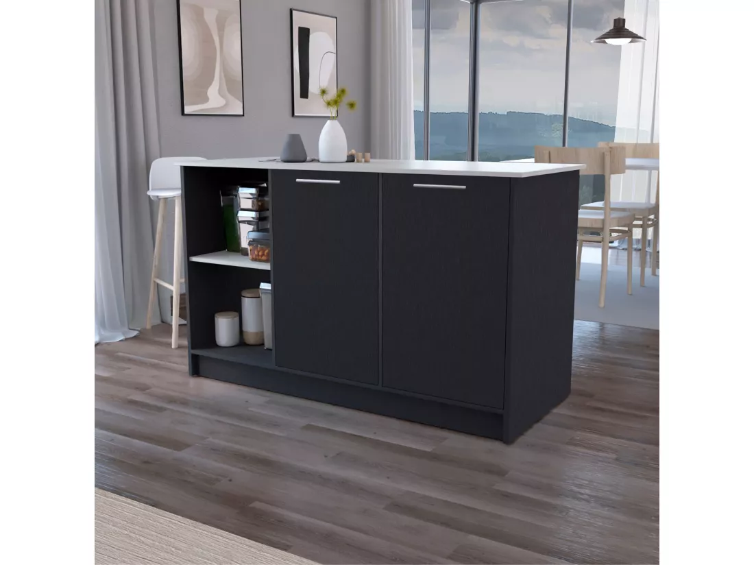 Ilot de cuisine Juniper en mélaminé avec deux portes et 3 étagères , 90 cm X 150 cm X 64 cm , Black / Ibiza