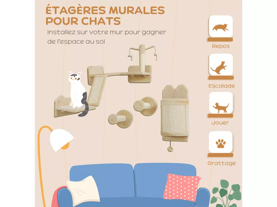 Mur d'escalade pour chat - arbre à chat design mural - griffoirs, grattoirs, jeux - sisal naturel peluche beige