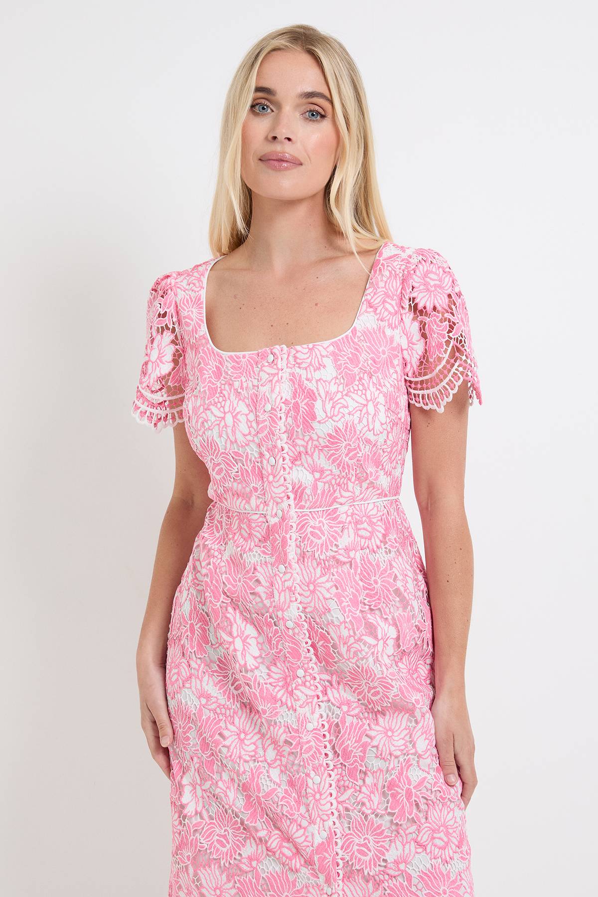 Wallis Robe Midi Boutonnée En Dentelle Contrastée Petite