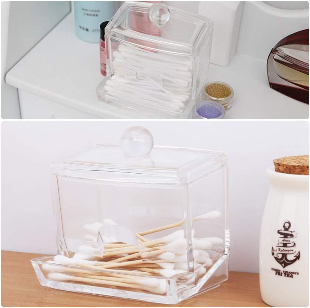 (9x8x7cm) Acryl Wattestäbchen Spender Beauty Make Up Organizer Kosmetik Aufbewahrungsbox mit Deckel - Transparent