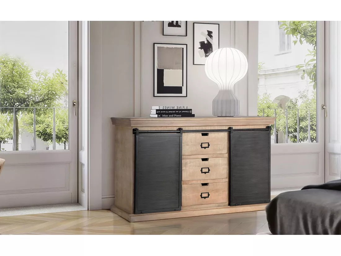 Buffet industriel en manguier et détails en métal noir Multicolor.Giner y Colomer.85x40x160