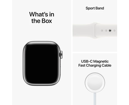Apple Watch Series 8 GPS   Cellular 41mm Silver Stainless Steel Case with White Sport Band - Regular