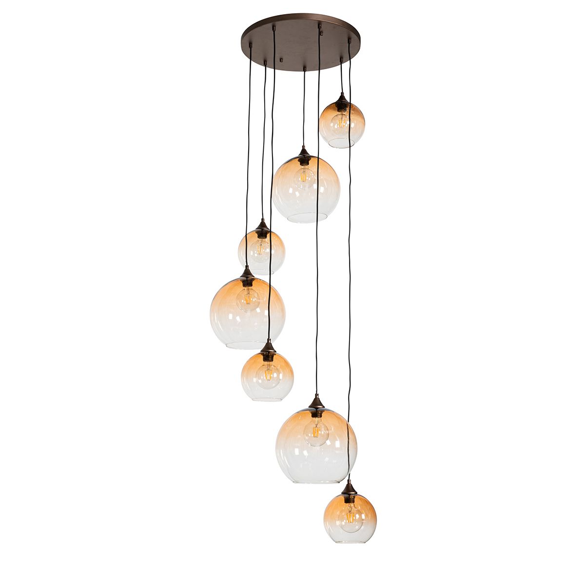 Art Deco hanglamp donkerbrons met amber glas 7-lichts - Sandra