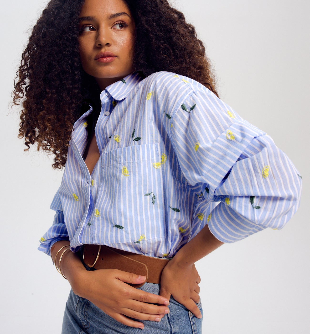 Maxi-chemise rayée brodée - Rayé marine