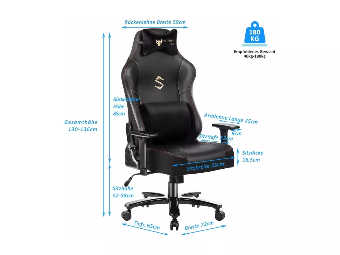 Chaise Gaming Avec Fonction Massage, Support Lombaire, Capacité 180kg, Noir