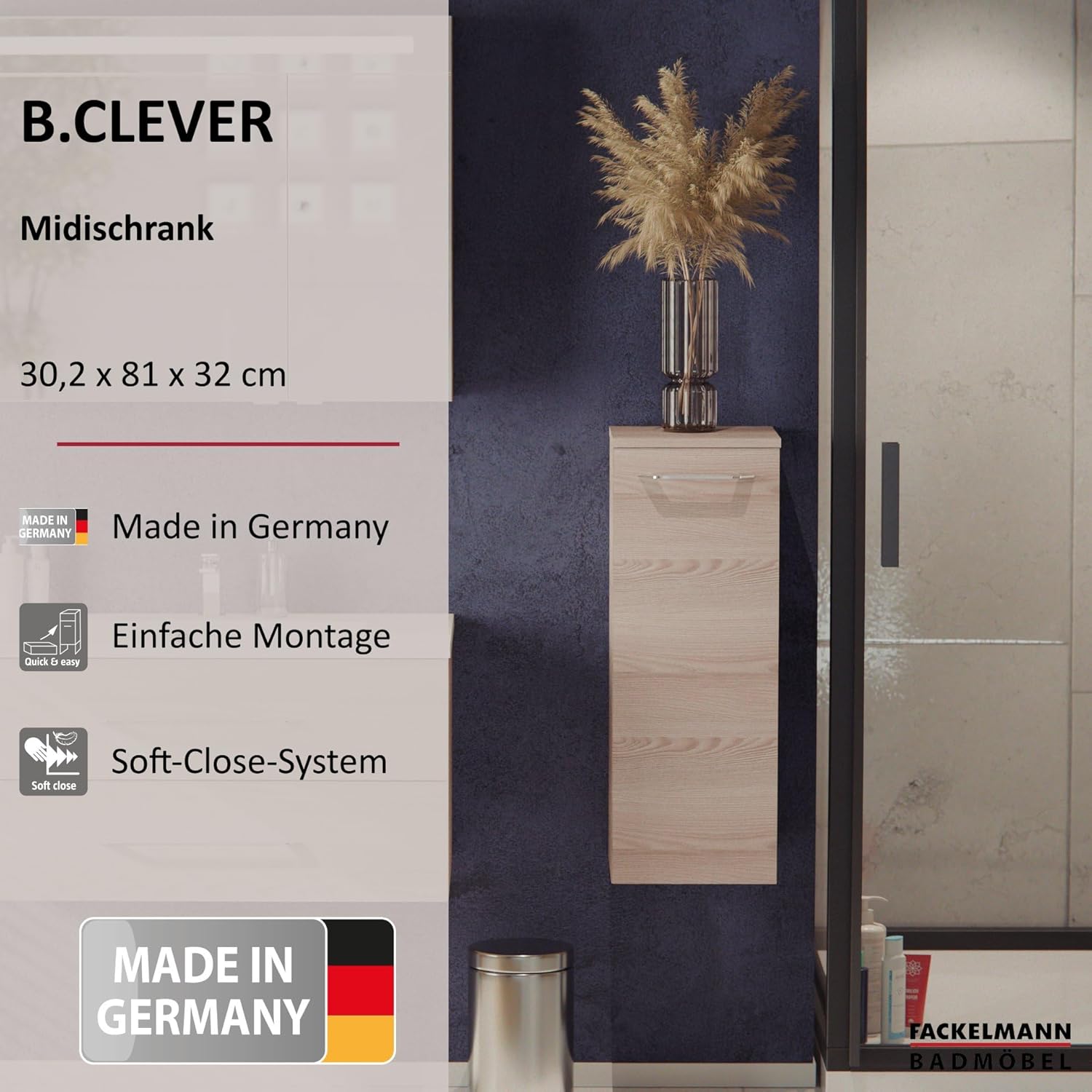 FACKELMANN Midischrank B. CLEVER/Badschrank mit Soft-Close-System/Maße (B x H x T): ca. 30,5 x 81 x 32 cm/hochwertiger Schrank/Möbel fürs Badezimmer/Korpus: Braun hell/Front: Braun hell