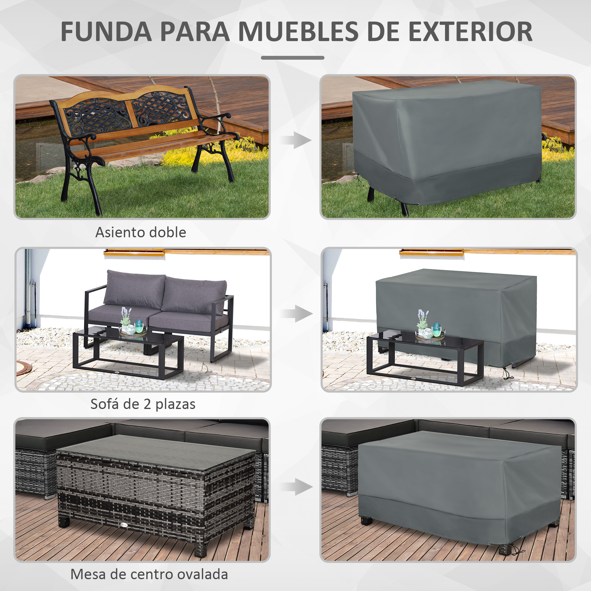 Capa protetora Outsunny para móveis de jardim, tecido Oxford 600D, capa impermeável para mesas, cadeiras, sofás e móveis de exterior com cordão e fivela, 190,5 x 72 x 76 cm, cinza.