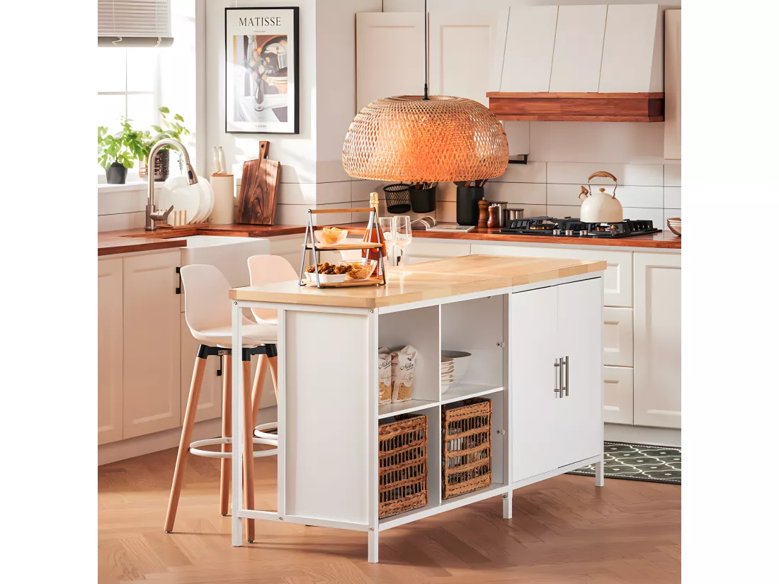 SoBuy îlot Central de Cuisine avec Plan de Travail en Bois d'hévéa, Desserte de Cuisine, Placard de Cuisine avec 2 Portes, 4 Cubes Compartiments, 170x60x89 cm, Blanc KNL09-WN