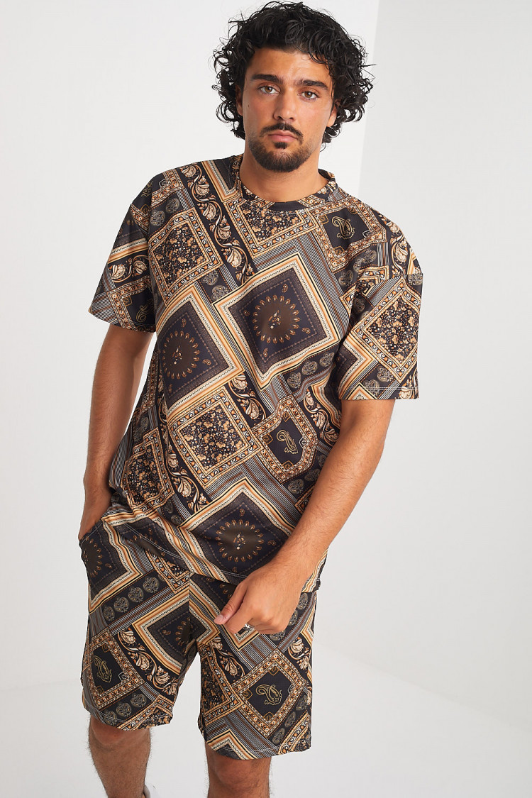 Ensemble 2 pièces t-shirt + short noir à motif baroque
