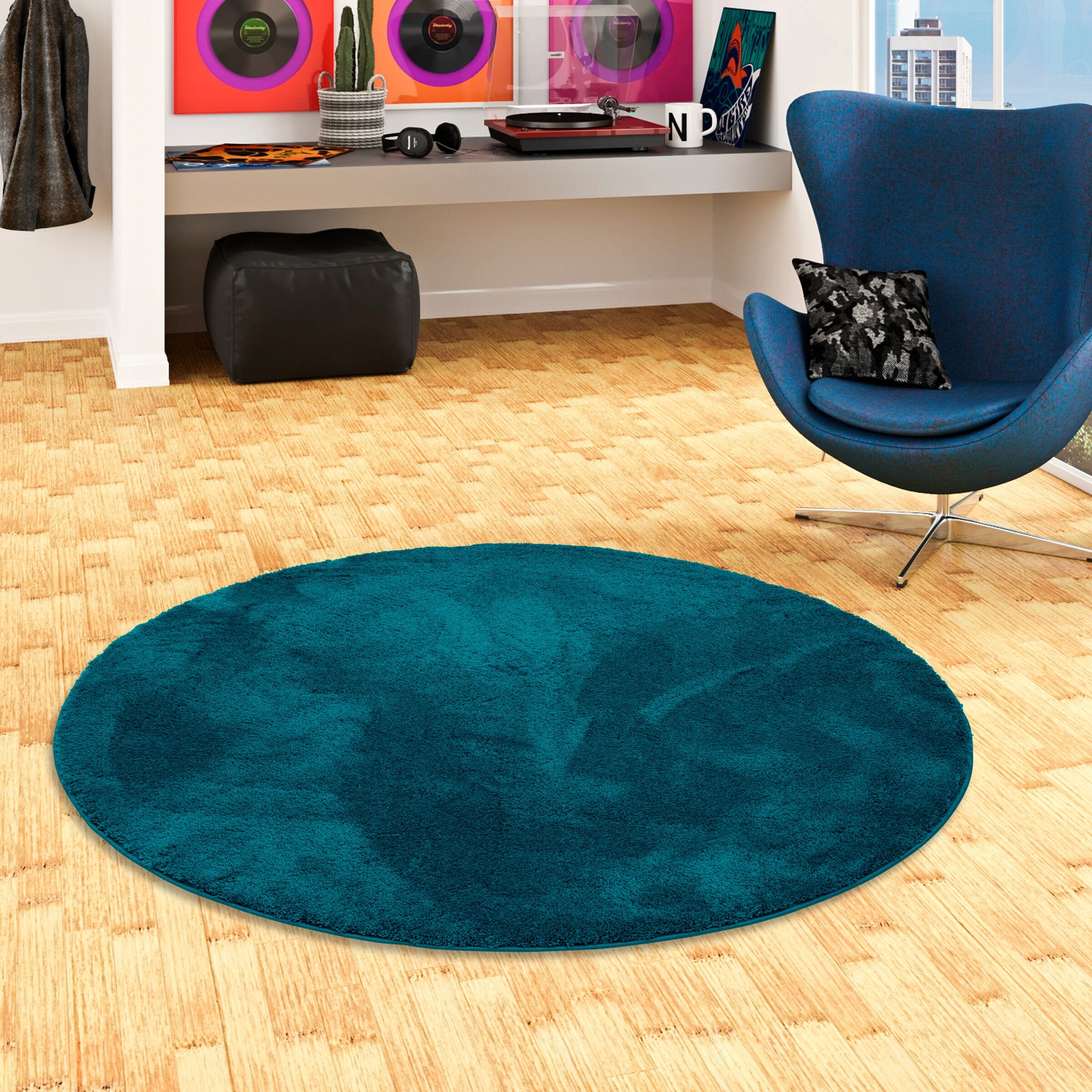 Pergamon Super Soft Kinder Hochflor Teppich Silky Kids Rund Petrol - 160x160 cm