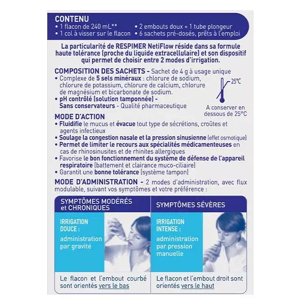 Respimer Netiflow Kit d'Irrigation Nasale dès 4 ans 1 Dispositif + 6 Sachets Eau de mer