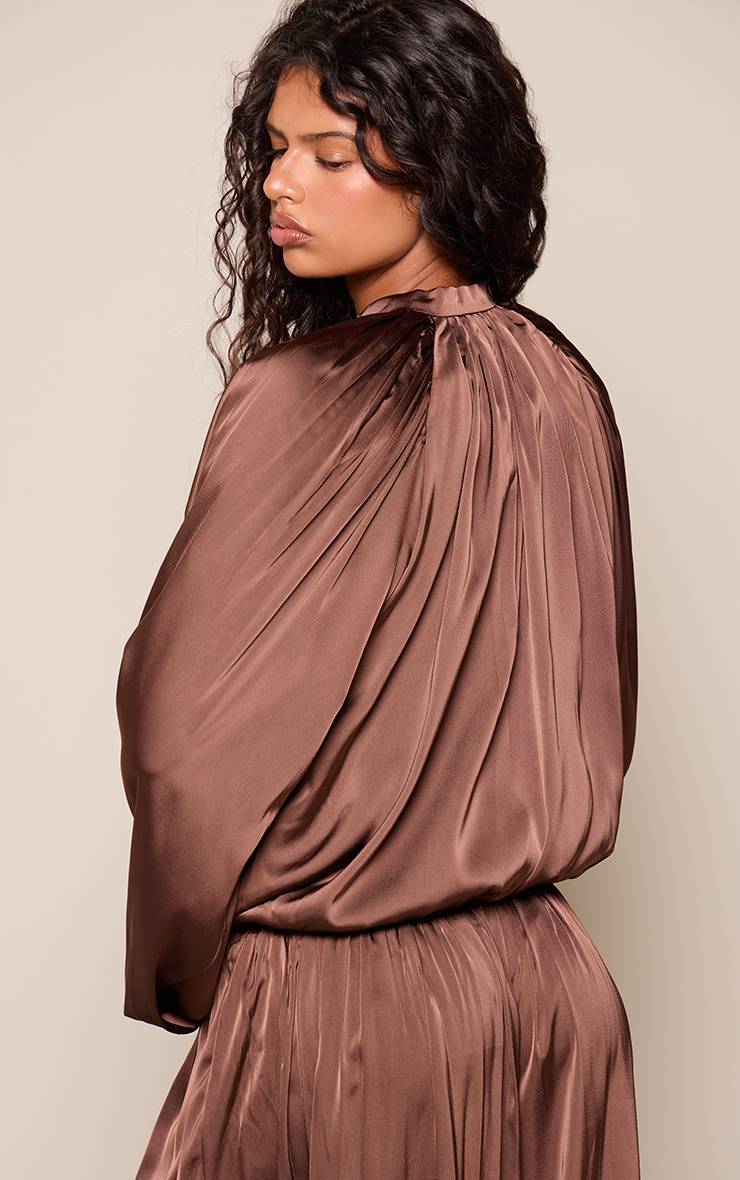 Marron Veste Bomber Plissée En Satin