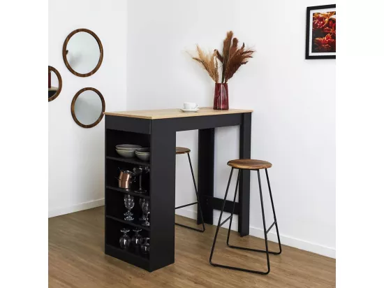 LUCIEN - Tabouret de bar en métal filaire noir et assise en acacia