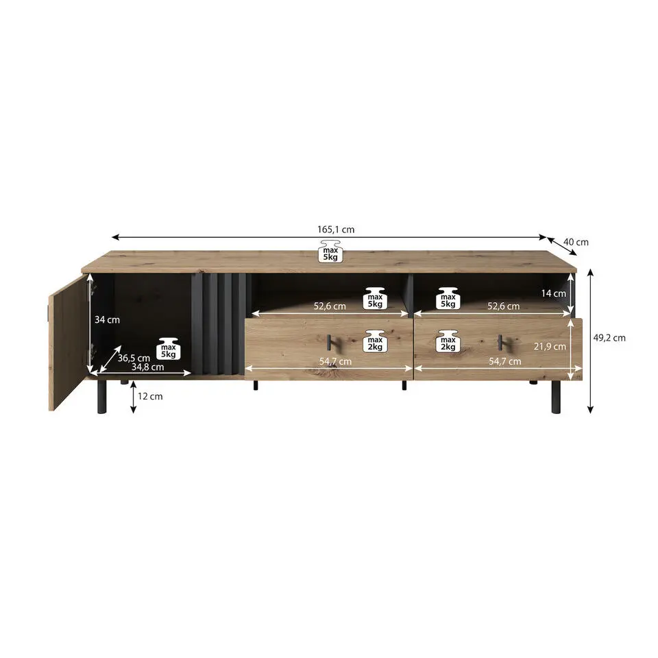 Meubella - TV-Meubel Marcos - Eiken - Antraciet - 165 cm