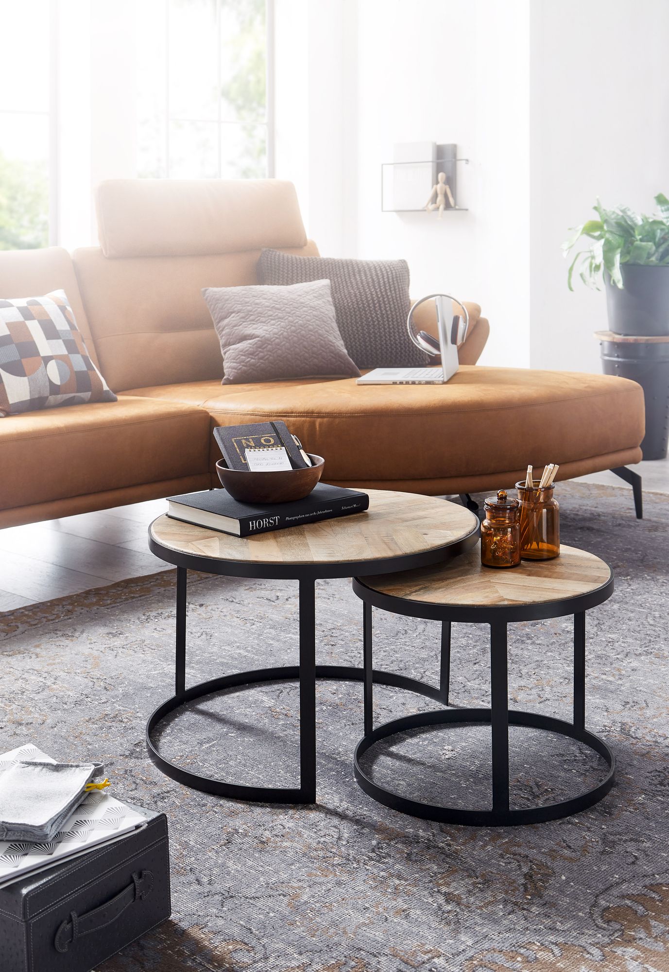 FineBuy Couchtisch 2 teilig Wohnzimmertisch Massivholz Rund Beistelltisch Tisch