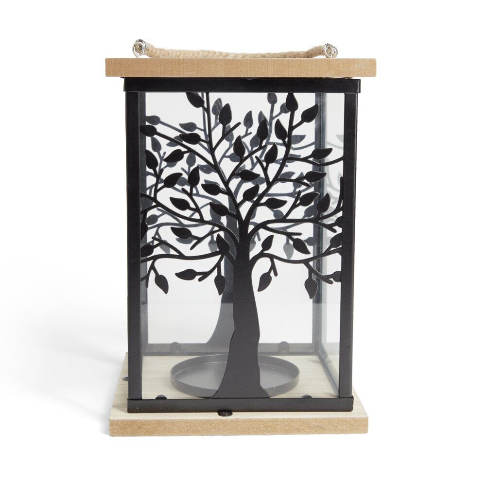 Lanterne arbre de vie métal et bois 18x18xH26cm