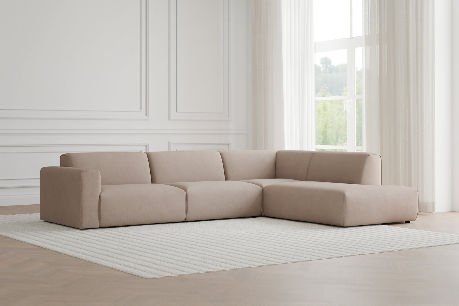 Monaco 3-seter med åpen ende høyre Tekstil Brego 34 Light Brown med sorte ben. Std komfort.