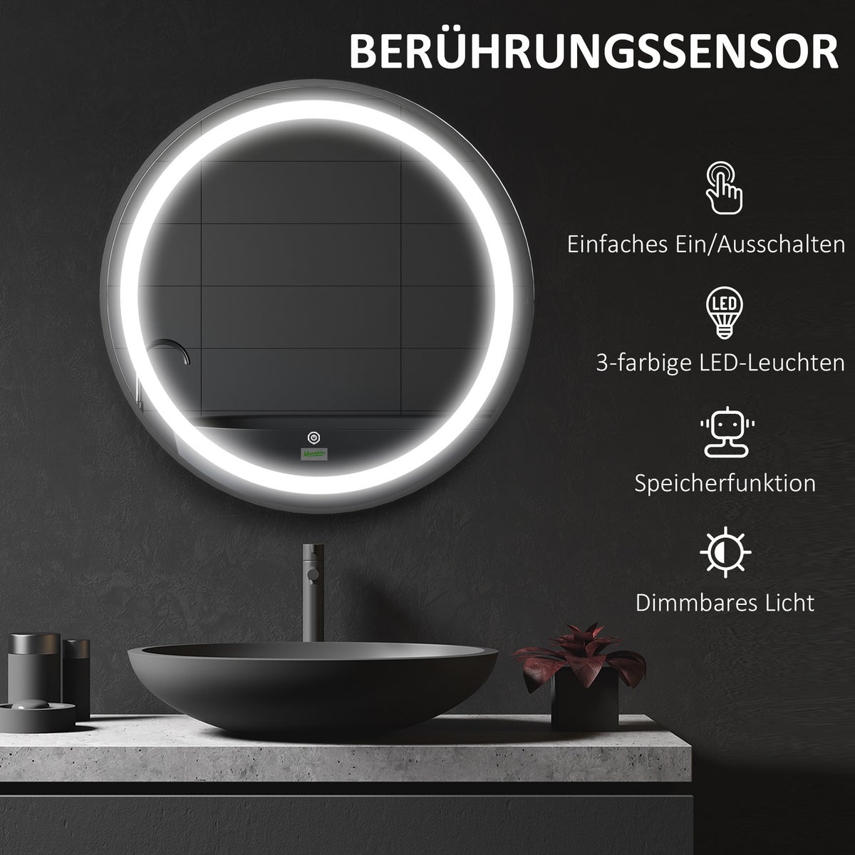 Kleankin badkamerspiegel, Ø60cm LED badkamerspiegel met 3 lichtkleuren, wandspiegel met touchfunctie, geheugenfunctie, IP44, zwart