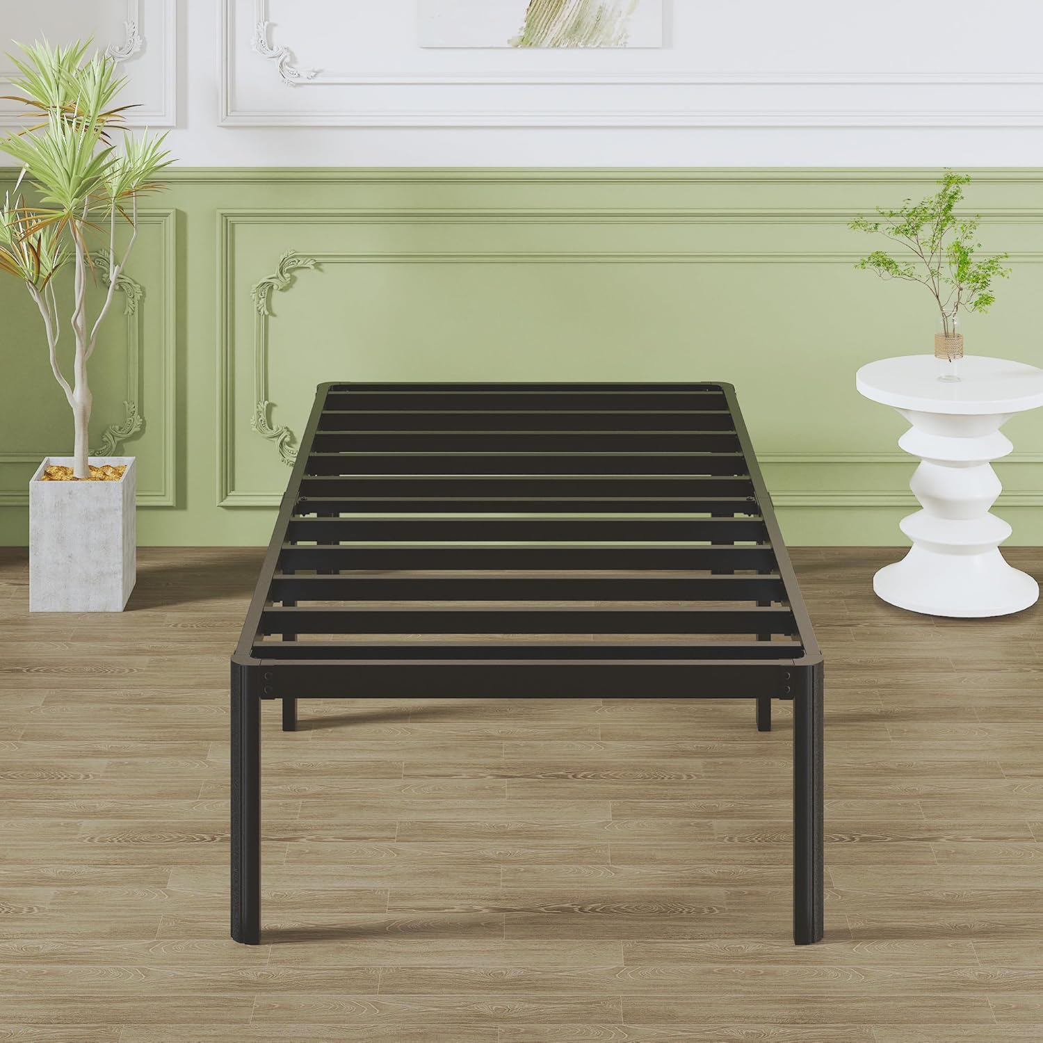 Metallbett 90x200 cm mit Rundes Beine, 46cm Höhe Bettrahmen Einzelbett mit Metall Lattenrost, Schwarz