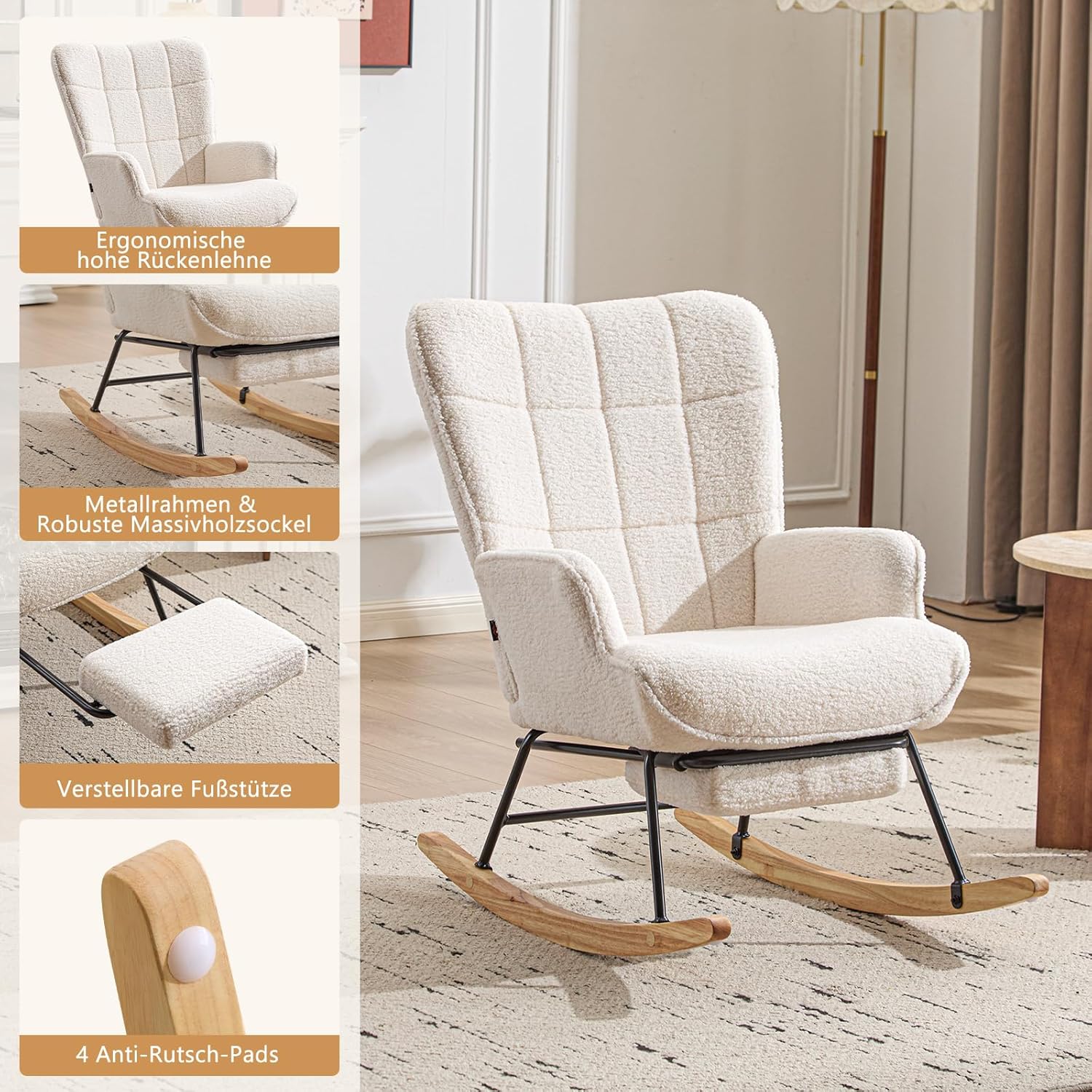 Schaukelstuhl mit Fußstütze, Schaukelsessel mit Fußstütze, Teddystoff Gepolsterter Lesesessel Relaxstuhl Sessel mit Holzkufen für Wohnzimmer Schlafzimmer, Elfenbeinweiß