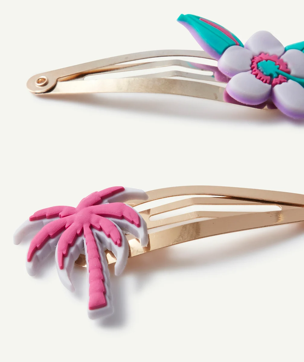LOT DE 2 BARRETTES FILLE COULEUR DORÉE AVEC PATCHS PALMIER ET FLEUR