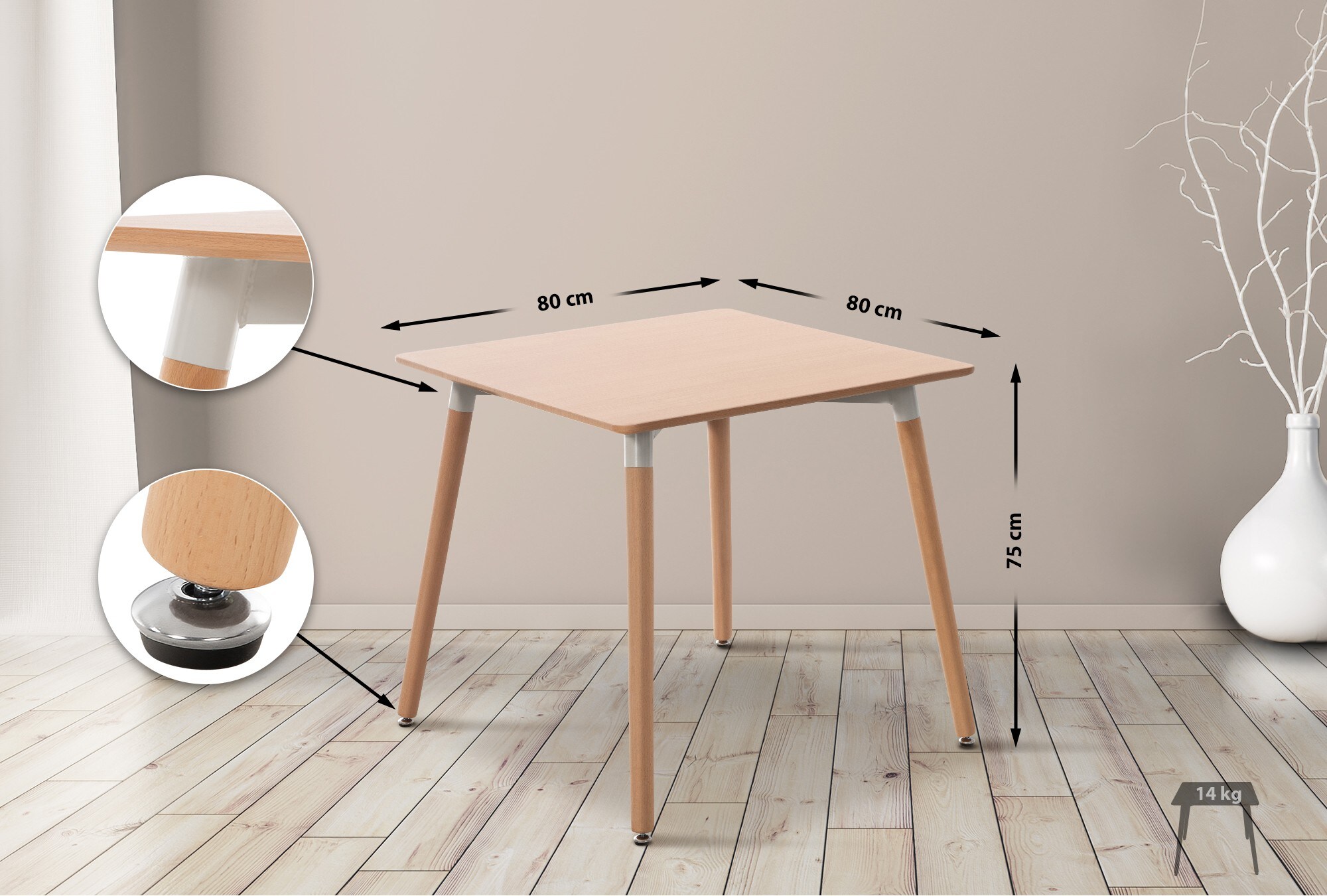 CLP Küchentisch Viborg I Esstisch Im Skandinavischen Design Für Wohnzimmer Mit MDF Tischplatte I Buchenholzgestell, Justierbare Bodenschoner