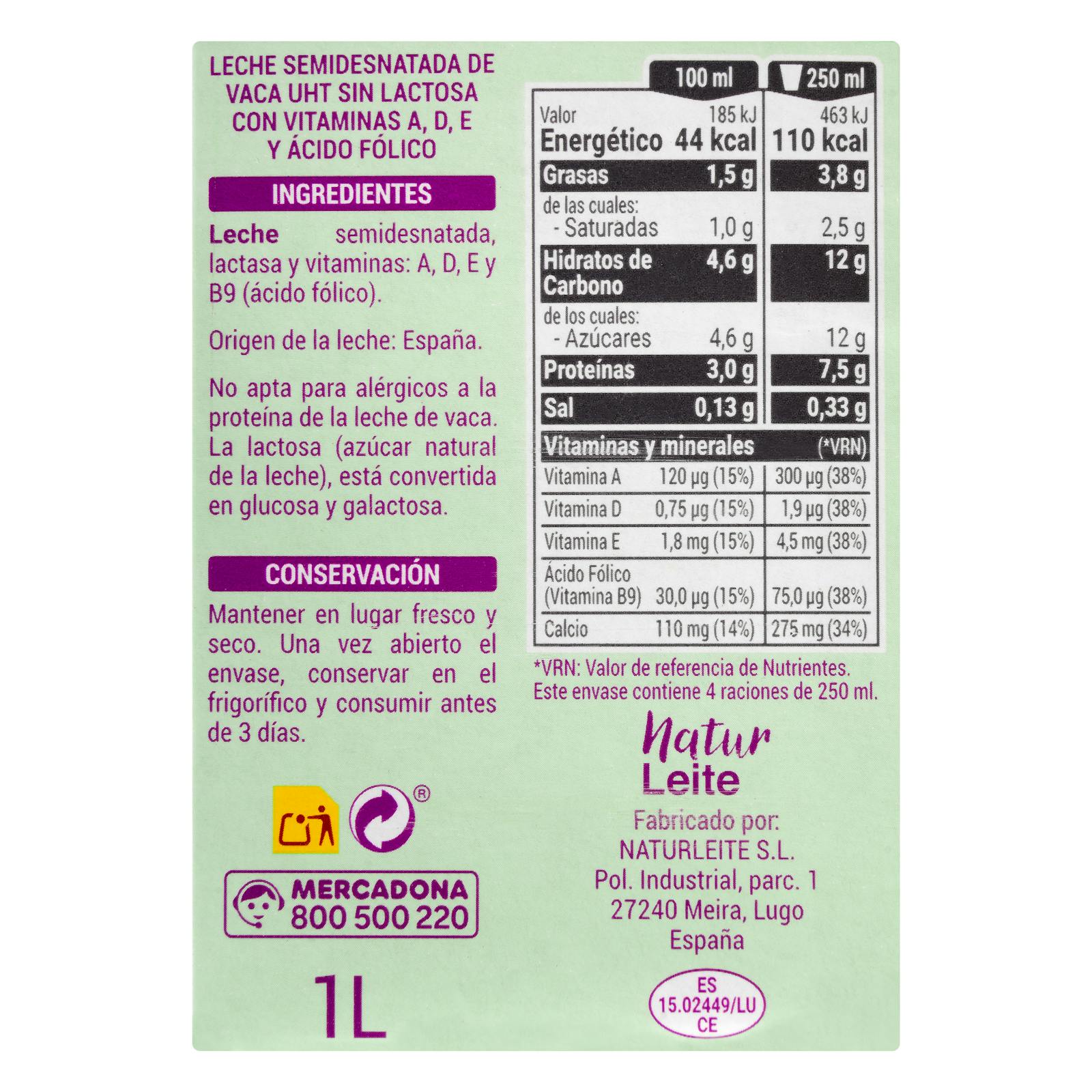 Lait demi-écrémé sans lactose Hacendado