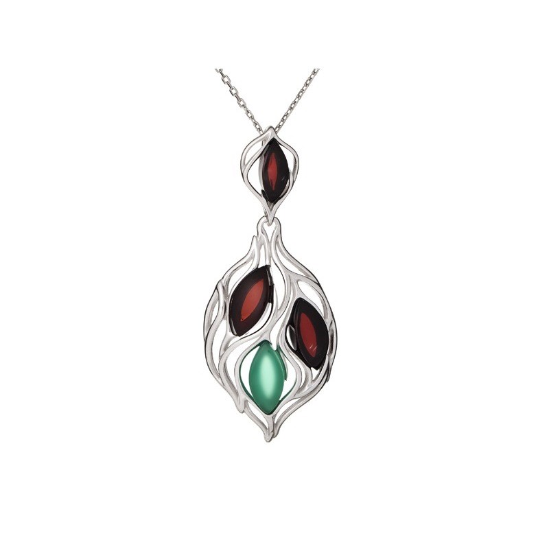 PENDENTIF AGATE NATURELLE TAINTEE VERTE, AMBRE ARGENT