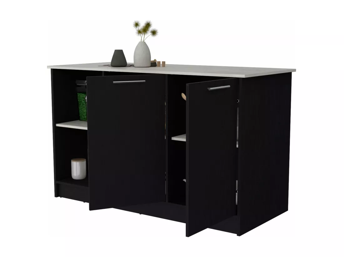 Ilot de cuisine Juniper en mélaminé avec deux portes et 3 étagères , 90 cm X 150 cm X 64 cm , Black / Ibiza