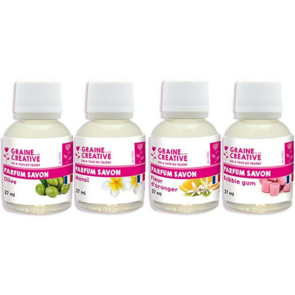 4 parfums pour savon à faire-soi-même - olive monoï fleur d'oranger chewing-gum