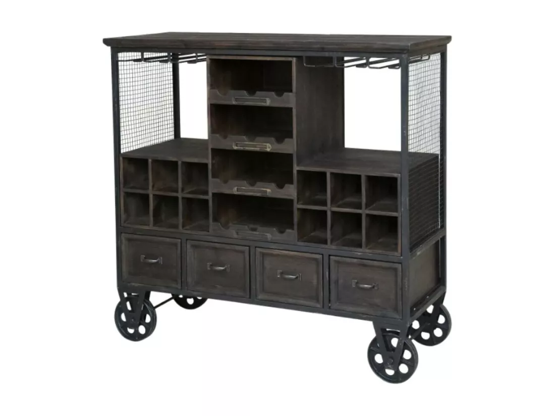 Chariot de bar desserte en bois marron et fer bleu 94 x 37 x 91 cm