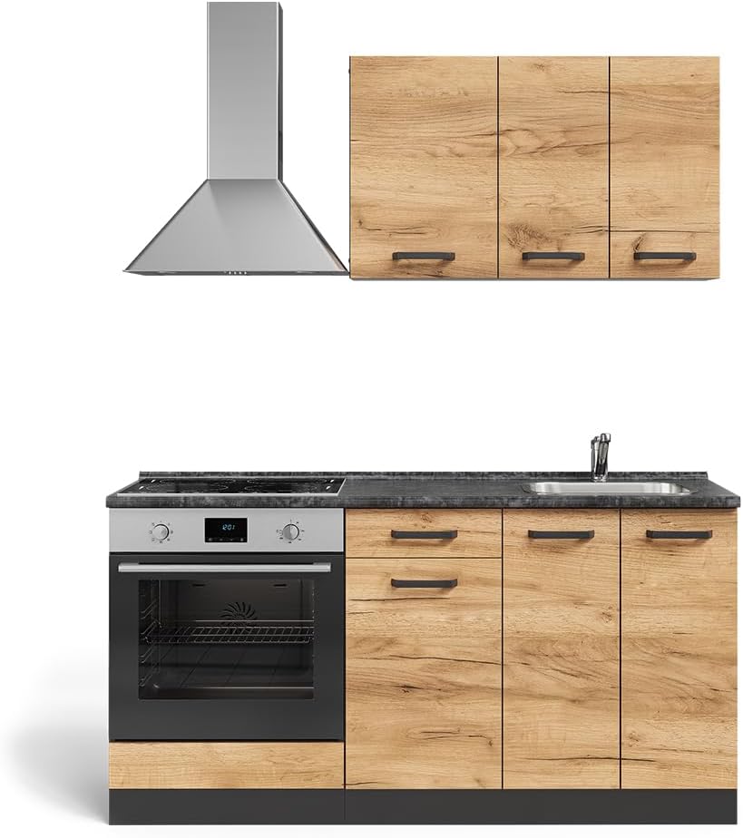 Vicco Singleküche R-Line, Goldkraft Eiche/Anthrazit, 160 cm mit Herdumbauschrank ohne Arbeitsplatte