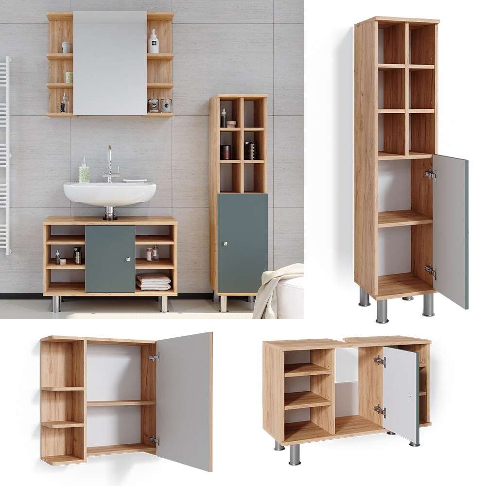 Vicco Badmöbelset Waschtischunter 80cm Spiegelschrank Midischrank große Tür Fynn