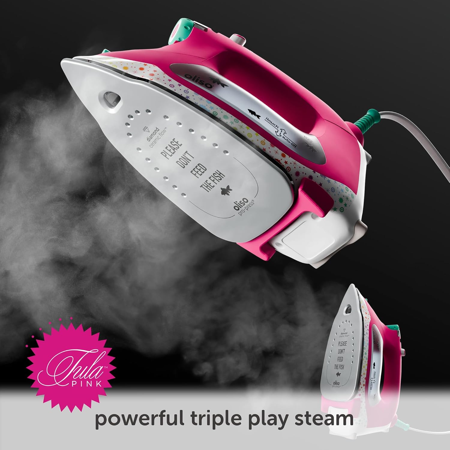 oliso TG1600 Pro Plus SmartIron mit automatischem Lift – zum Bügeln von Kleidung, Nähen, Quilten und Basteln | Diamond Ceramic-Flow-Bügelsohle, Tula Pink