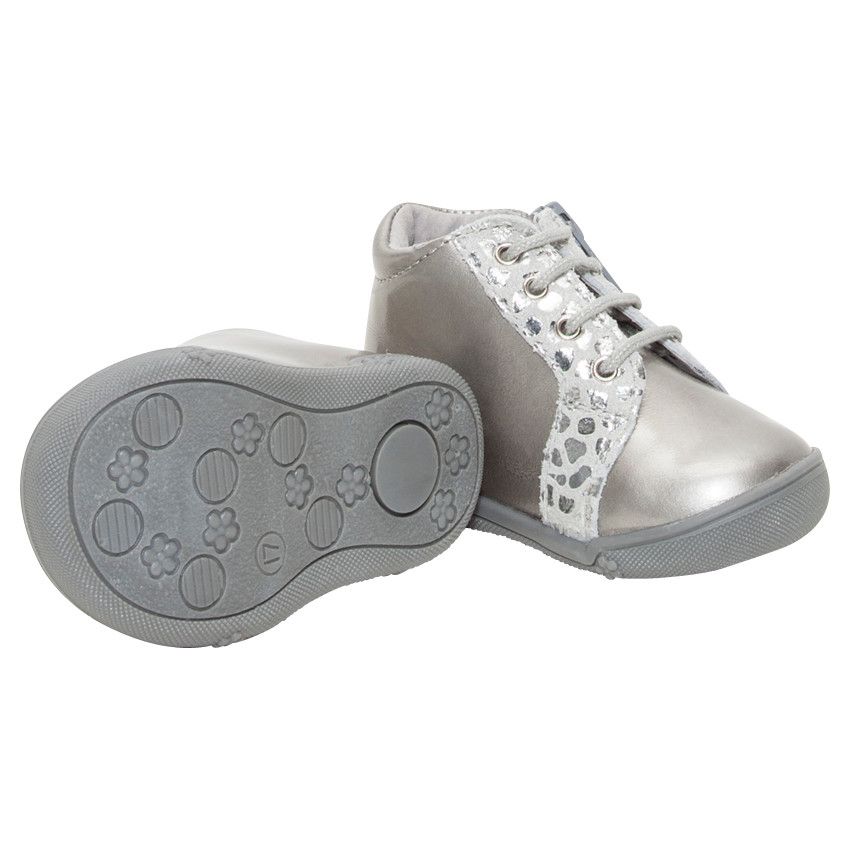 Bottillons argentés en cuir à zip et lacets - Gris