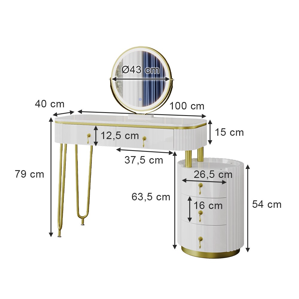 Vicco Schminktisch Charlène, 100 x 40 cm, Weiß, Frisiertisch mit LED-Spiegel