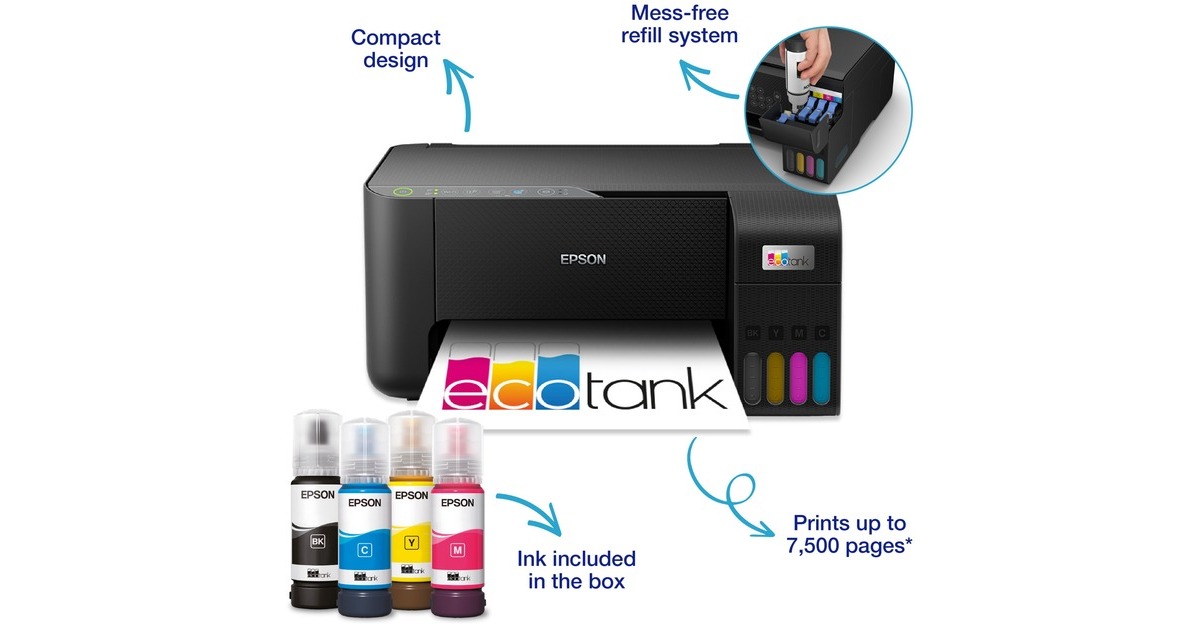 EpsonEcoTank ET-2860 A4 multifunctionele Wi-Fi-printer met inkttank all-in-one inkjetprinter  (Zwart, Scannen, Kopiëren, inclusief tot 3 jaar inkt)