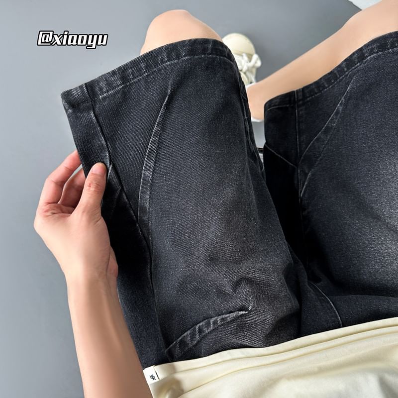 Breeson - Mid Rise Washed Wide Leg Denim Shorts