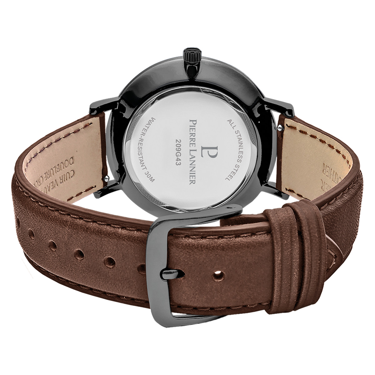 Montre Pierre Lannier homme solaire acier noir bracelet cuir brun