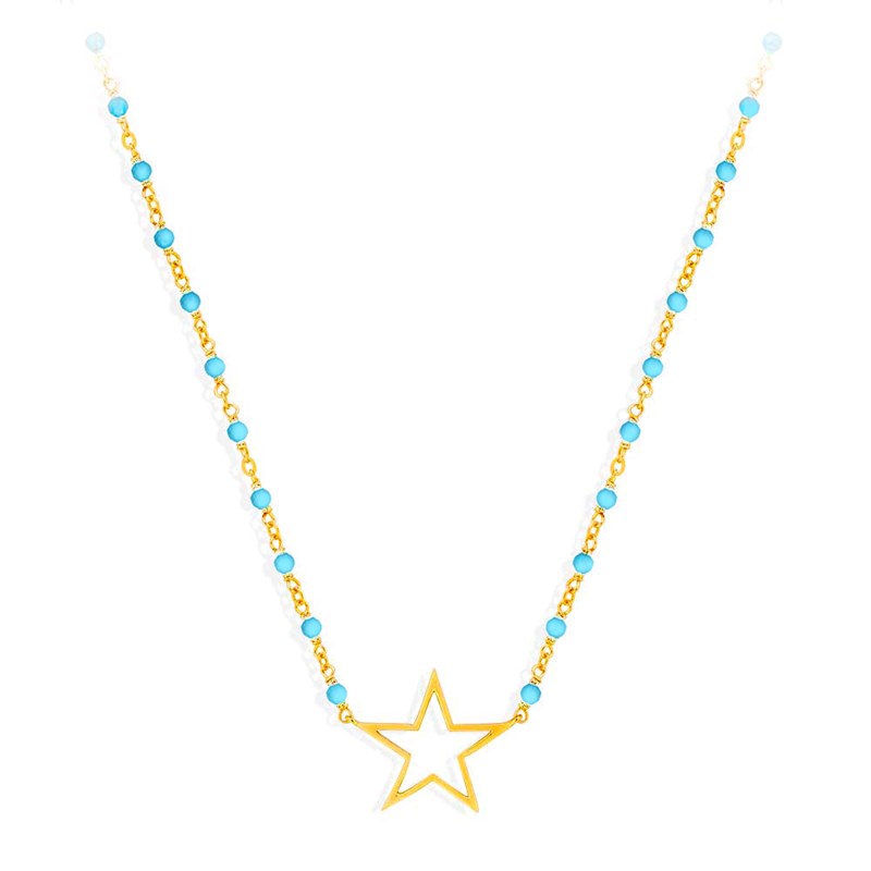 Collier Argent Doré étoile Et Pierre Turquoise