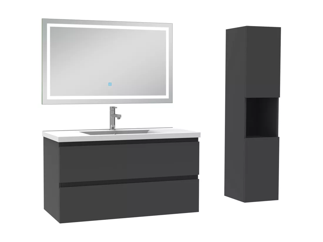 Ensemble meuble salle de Bain 100cm avec colonne et miroir 3 couleurs Anthracite