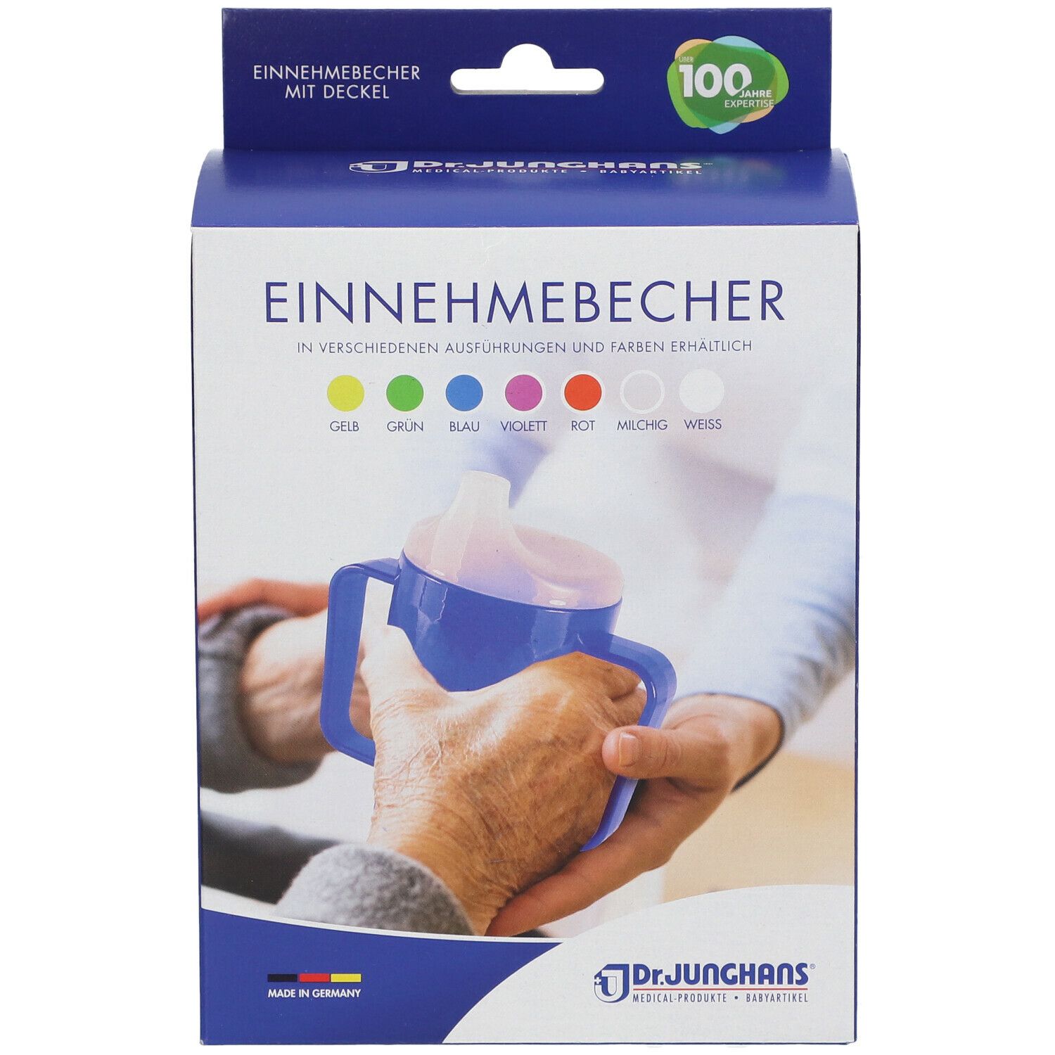 Dr. Junghans® Einnehmebecher 250 ml milchig mit 2 Deckel 4 / 12 mm ohne Henkel