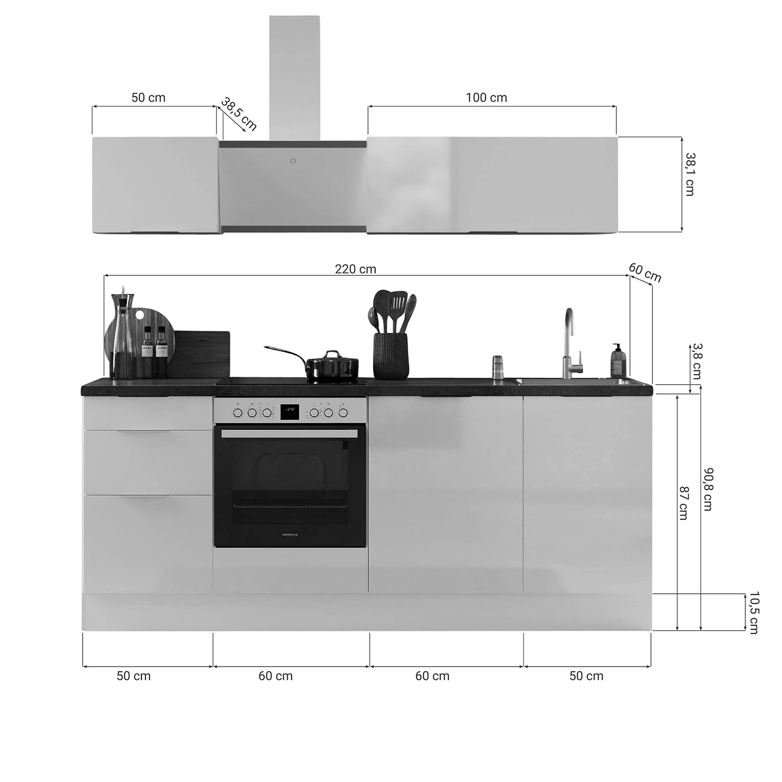 RESPEKTA Küchenblock - grau matt - Artisan Eiche - mit E-Geräten - 220 cm