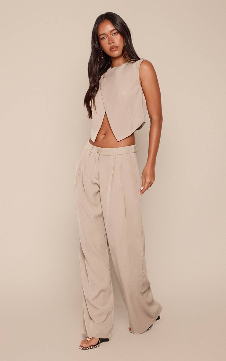 Kaki Pantalon Large Taille Mi-haute En Tissu Tissé Ajusté Ensemble Coordonné