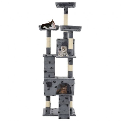 Arranhador para gatos com poste de sisal, cinza, com pegadas de patas.