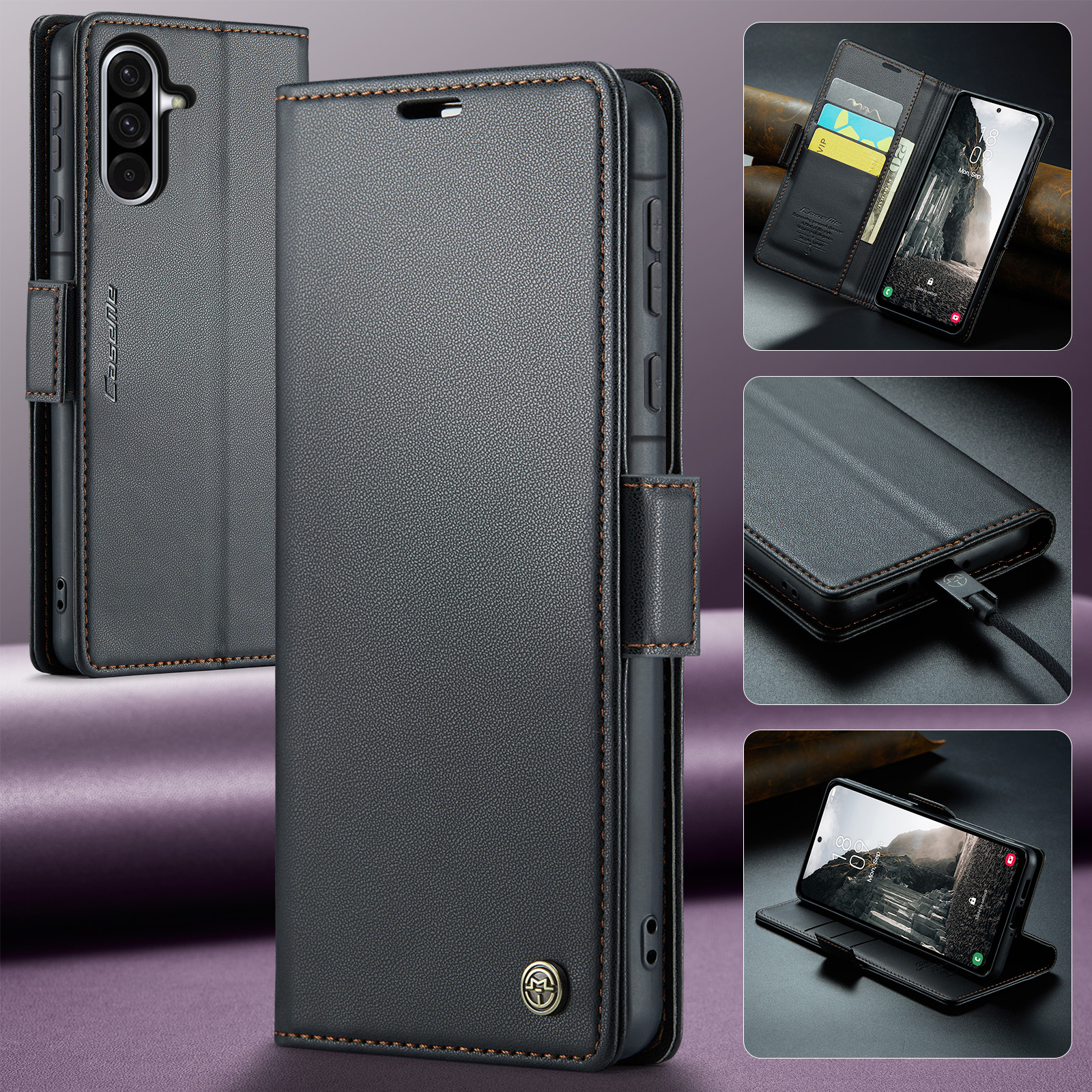 Samsung Galaxy A56 Leder Tasche Flip Wallet Etui mit Kartenfächern Litchi Look (RFID Schutz) - Schwarz