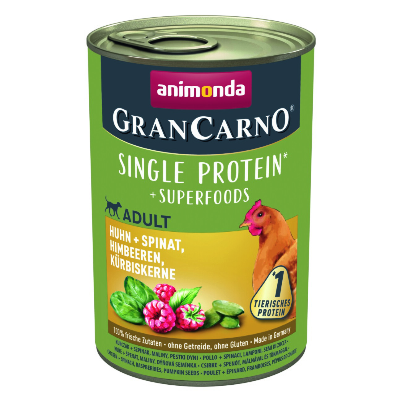 animonda GranCarno Single Protein Superfoods Nassfutter Hund Adult, Huhn und Spinat, Himbeeren, Kürbiskerne 6x400 g